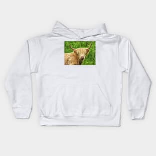 Highland cow in the green grass Kids Hoodie